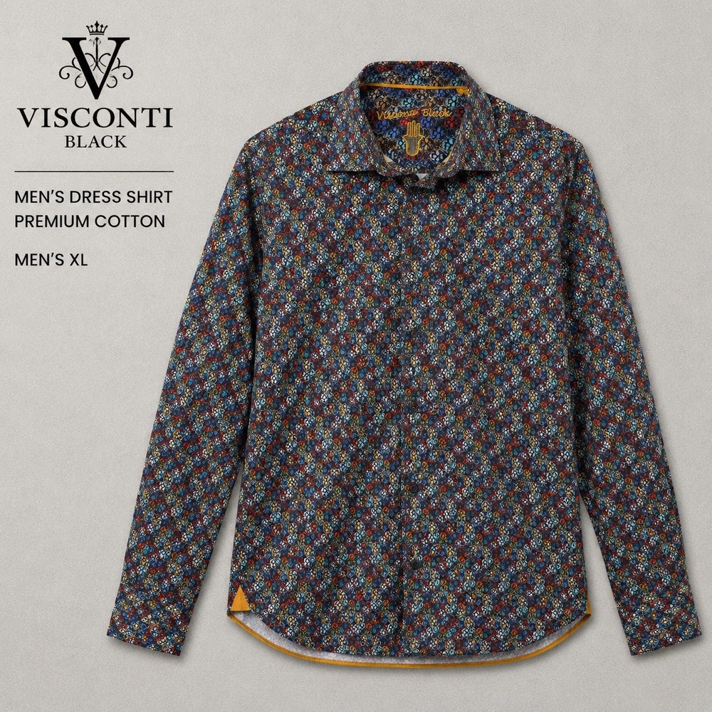 Luchiano Visconti Black Mens XL Skull Print Cotton Dress Shirt Multicolor